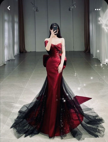 Mermaid Off The Shoulder Burgundy Long Party Dress Satin Prom Dresses SD1467 HZ0628